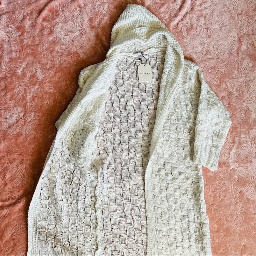 NWT Cellabie Vetements Chunky Knit Open Drape Hoodie Cardigan Sweater Ivory - Picture 3 of 12